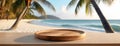 Wooden round empty plate on a beachfront table with a tropical view, sandy beach with palm trees and ocean. Cosmetic