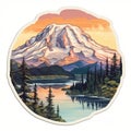 Mount Rainier Sunset Circle Sticker - Hyper-detailed Realistic Art Royalty Free Stock Photo