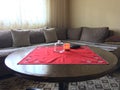 Wooden round table with Macedonia tablecloth
