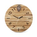 Wooden round wall watch with owl toy - clock isolated on white b