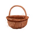 Wooden rounded wicker basket from splash of watercolors, colored drawing, realistic