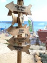 Wooden Route pointer showing way to the different cities of the world.
