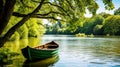 Wooden rowing boat on a calm lake