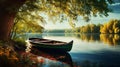 Wooden rowing boat on a calm lake