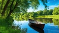 Wooden rowing boat on a calm lake