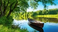 Wooden rowing boat on a calm lake in summer