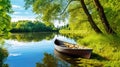 Wooden rowing boat on a calm lake