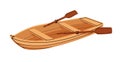 Wooden rowing boat with paddles. Lake and river vessel with oar. Small wood vehicle, water transport with seats for