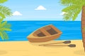 Wooden Rowing Boat, Small Boat on Bank of River or Lake, Summer Mountain Landscape Vector Illustration Royalty Free Stock Photo