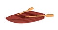 Wooden rowing boat with wood paddles. Water vessel, transport with oars. Small vehicle with seats for leisure