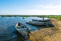 Wooden rowing fishing boats on Lake Drivyaty. Braslav lakes. Belarus