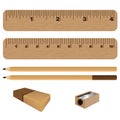 Wooden ruler and pencil, eraser with sharpener isolated on white background.