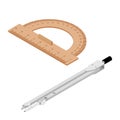 Wooden ruler protractor and drawing compass