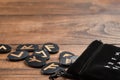 Wooden Rune Set with Velvet Pouch and Usable Empty Space on Rustic Table Royalty Free Stock Photo