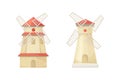 Wooden rural windmills set. Farm agricultural buildings vector illustration Royalty Free Stock Photo