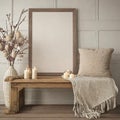 Wooden rustic bench with beige pillow, candles and knitted blanket against wall with blank mock up poster wood frame with copy