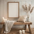 Wooden rustic bench with beige pillow, candles and knitted blanket against wall with blank mock up poster wood frame with copy