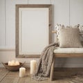 Wooden rustic bench with beige pillow, candles and knitted blanket against wall with blank mock up poster wood frame with copy