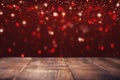 Wooden rustic board with festive lighting on blurred red bokeh background.