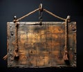 A wooden rustic board sign hanging from a rope on a wall. Royalty Free Stock Photo