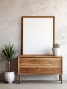 Wooden rustic chest of drawers near wall with blank poster frame with copy space. Interior design of modern living room Royalty Free Stock Photo