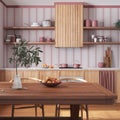 Wooden rustic kitchen and dining room in white and red tones. Cabinets and table with chair. Wallpaper and parquet floor. Royalty Free Stock Photo