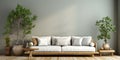 Wooden rustic sofa with white cushions and potted tree against wall with copy space. Scandinavian interior design of modern