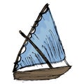 Wooden sailboat with blue sails