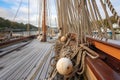 wooden sailboat deck with ropes, pulleys, and rigging Royalty Free Stock Photo