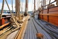 wooden sailboat deck with ropes, pulleys, and rigging Royalty Free Stock Photo