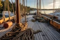 wooden sailboat deck with ropes, pulleys, and rigging Royalty Free Stock Photo