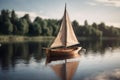 Wooden sailboat on a lake. Vintage style toned picture, Generative AI