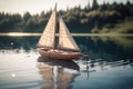 Wooden sailboat on the lake. Vintage style toned picture, Generative AI