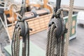 Wooden sailboat pulleys and ropes detail Royalty Free Stock Photo