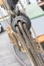 Wooden sailboat pulleys and ropes detail Royalty Free Stock Photo