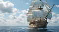 A wooden sailing ship with multiple masts is navigating through calm ocean Royalty Free Stock Photo