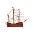 Wooden sailing ship. Old marine vessel with beige sails and bright red flags. Flat vector element for mobile game Royalty Free Stock Photo