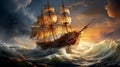 Wooden sailing ship in a stormy ocean