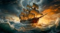 Wooden sailing ship in a stormy ocean