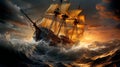 Wooden sailing ship in a stormy ocean