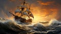 Wooden sailing ship in a stormy ocean