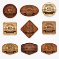 Wooden sale discount banners, stickers, labels collection . Set of various shapes wooden sign.