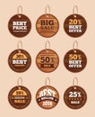 Wooden sale discount vector vintage badges, banners, stickers, labels set