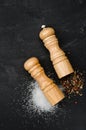 Wooden salt shaker and pepperbox on black chalk board. Royalty Free Stock Photo