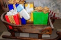 Wooden Santas sleigh with gift boxes Royalty Free Stock Photo