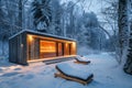 Wooden sauna amidst snowy forest in freezing landscape Royalty Free Stock Photo