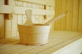 Wooden sauna bucket accessories interior of sauna spa Royalty Free Stock Photo