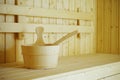 Wooden sauna bucket accessories interior of sauna spa Royalty Free Stock Photo