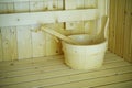 Wooden sauna bucket accessories interior of sauna spa Royalty Free Stock Photo