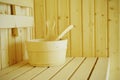 Wooden sauna bucket accessories interior of sauna spa Royalty Free Stock Photo